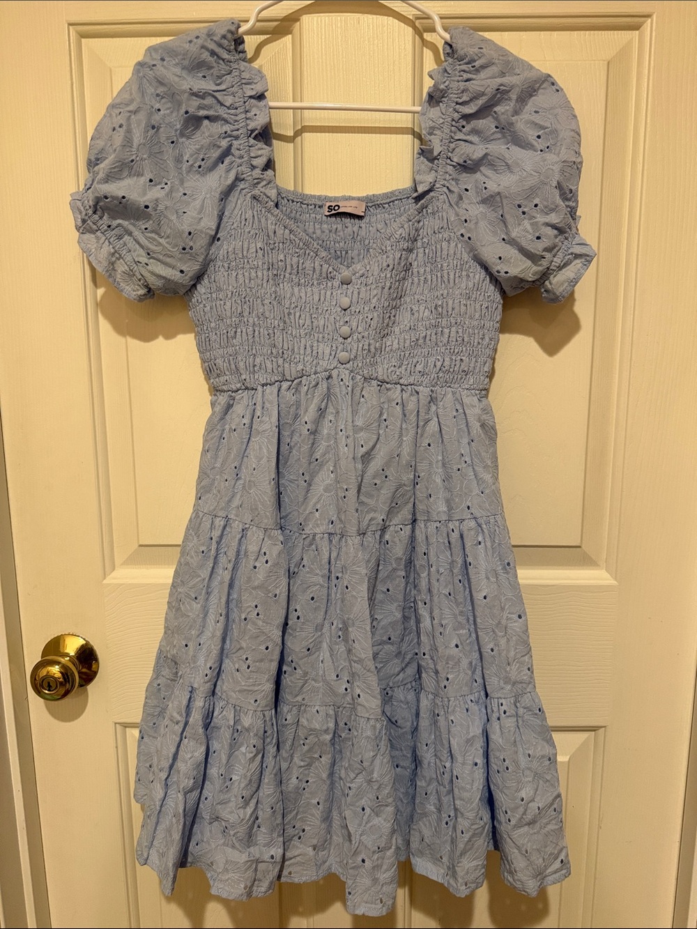 SO Light Blue Eyelet Puff-Sleeve women’s dress